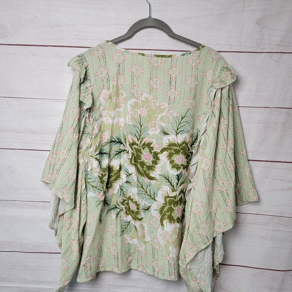 Jaase Light Green Floral V-Neck Ruffle Sleeve Top - Picture 2 of 14